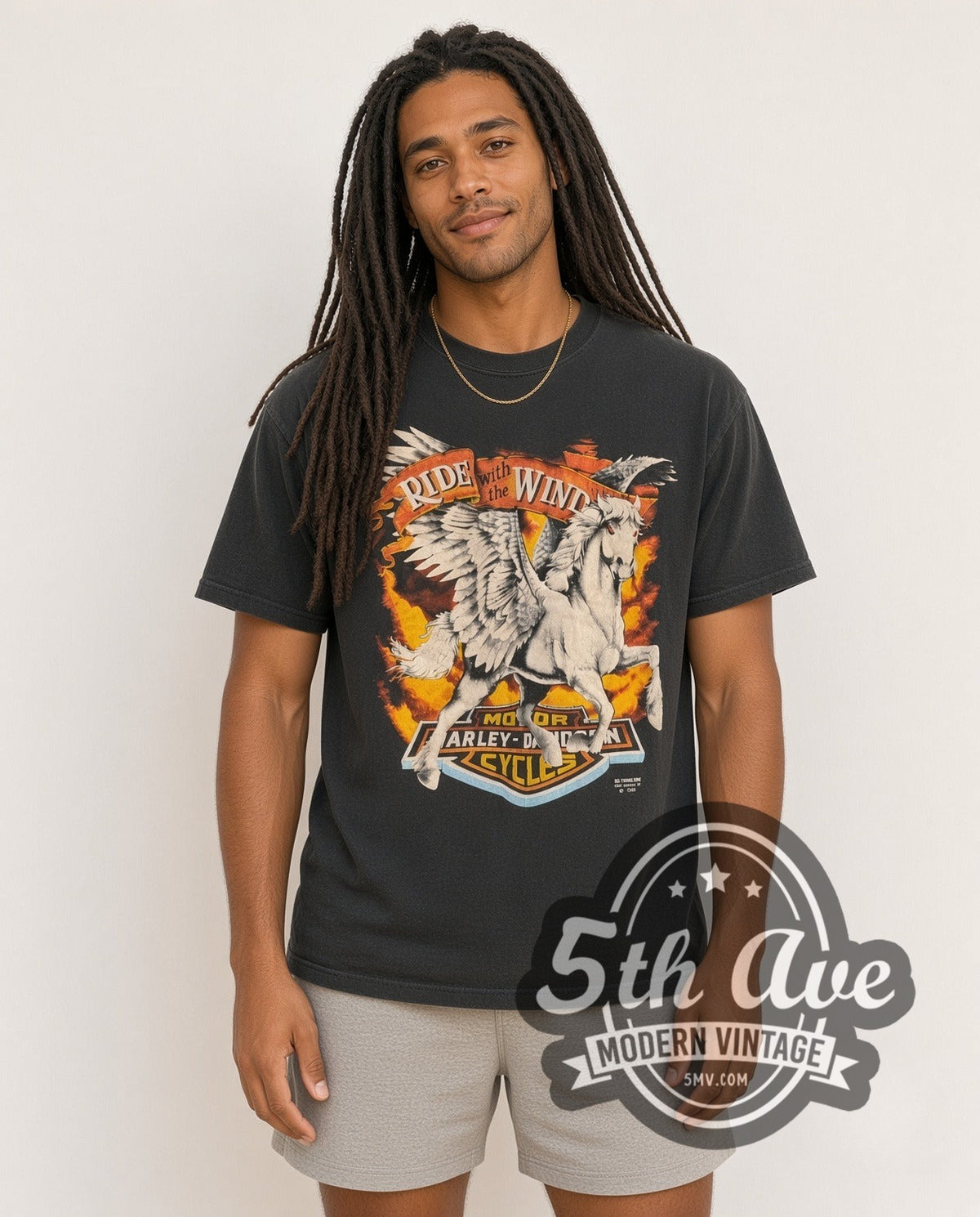 Model wearing the Harley-Davidson Bellflower Ride with the Wind / Pegasus vintage graphic t-shirt, photo 4