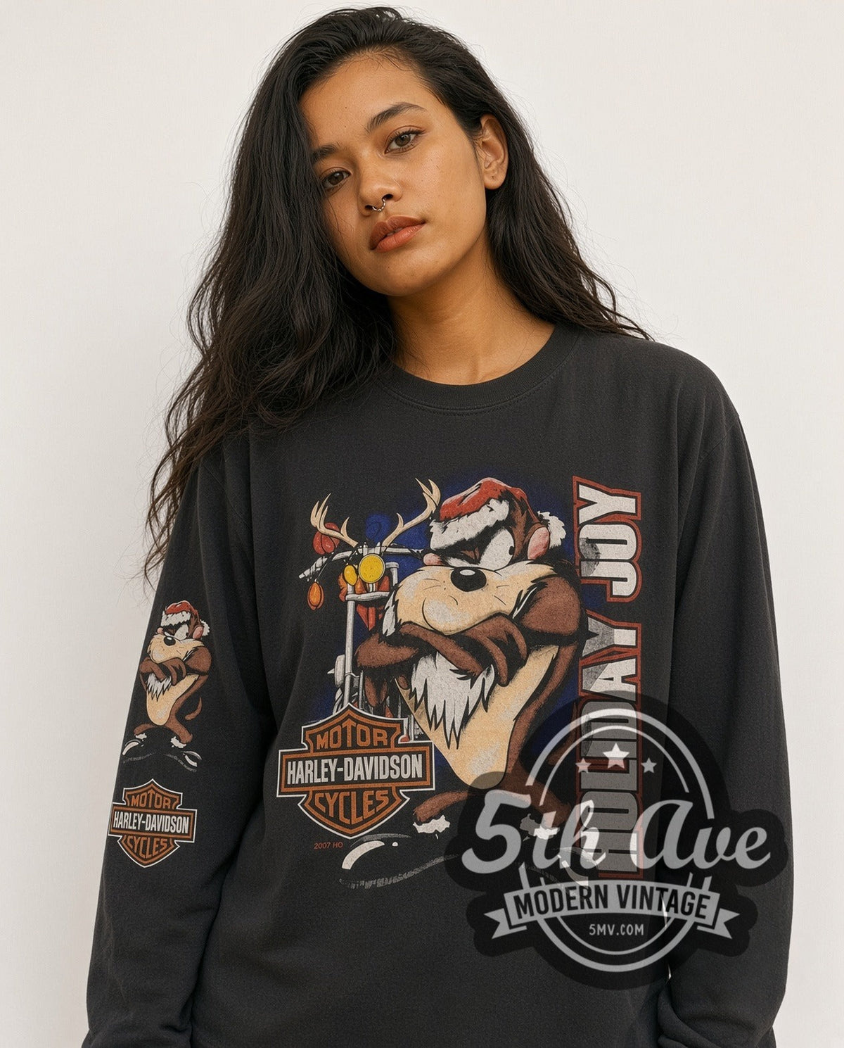 Model wearing the Harley-Davidson Looney Tunes Taz Holiday Joy vintage graphic long sleeve t-shirt, photo 4