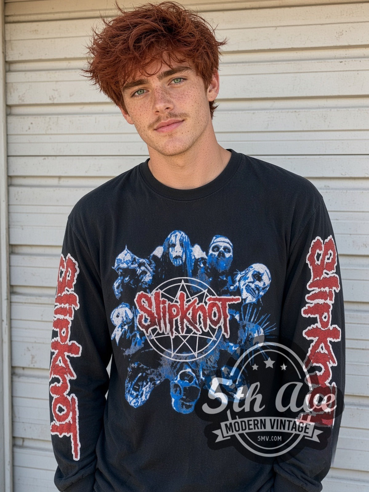 Model wearing the Slipknot Masks Star Logo vintage band long sleeve t-shirt