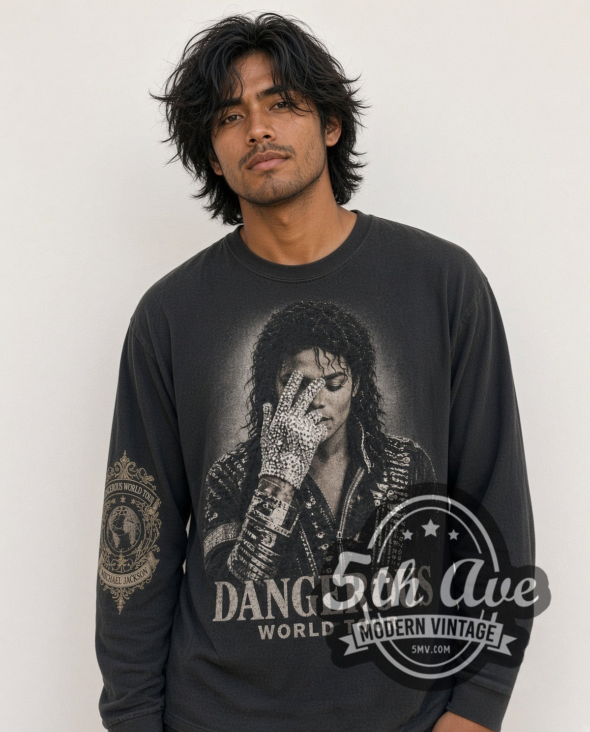 Model wearing the Michael Jackson Dangerous World Tour / She Drives Me Wild vintage band long sleeve t-shirt, photo 4