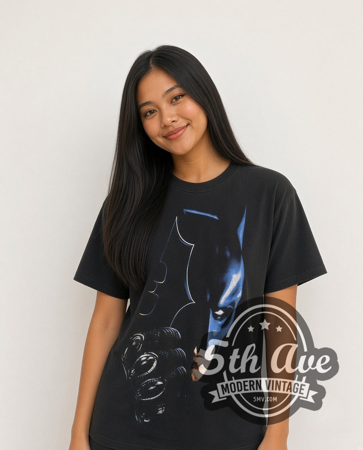 Model wearing The Dark Knight Batman / Tumbler vintage graphic t-shirt