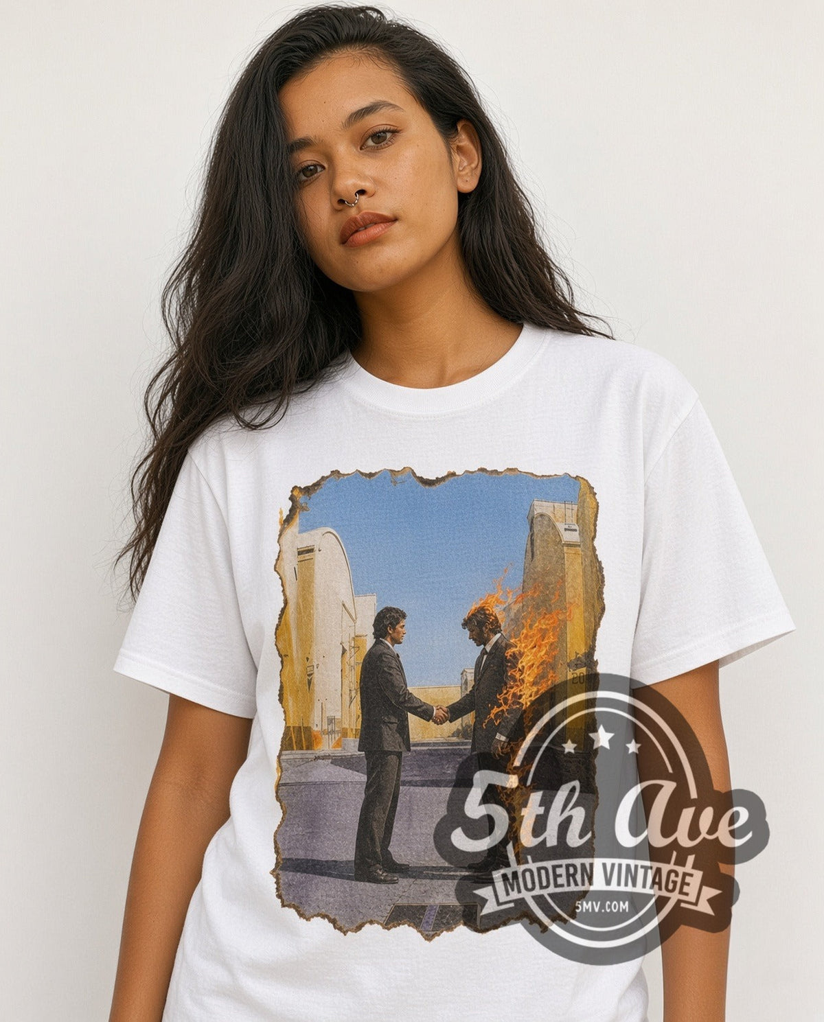 Model wearing the Pink Floyd Wish You Were Here vintage band t-shirt in white