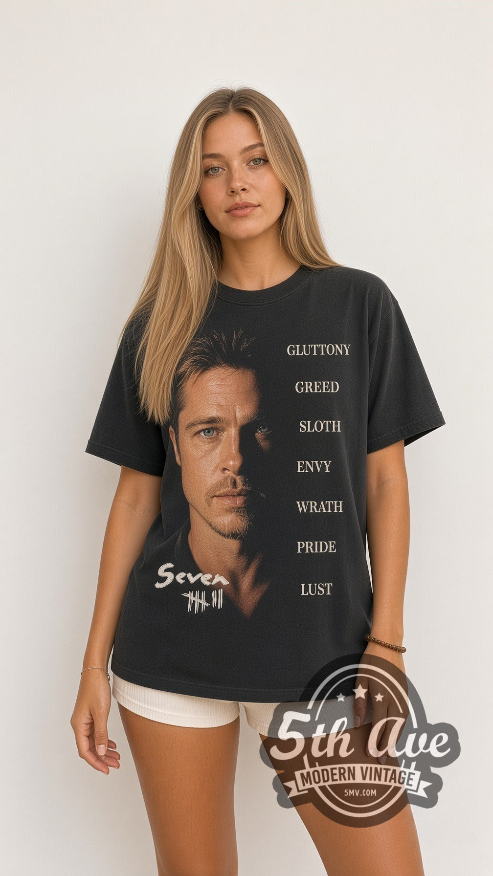 Model wearing the Se7en Seven Deadly Sins vintage graphic t-shirt