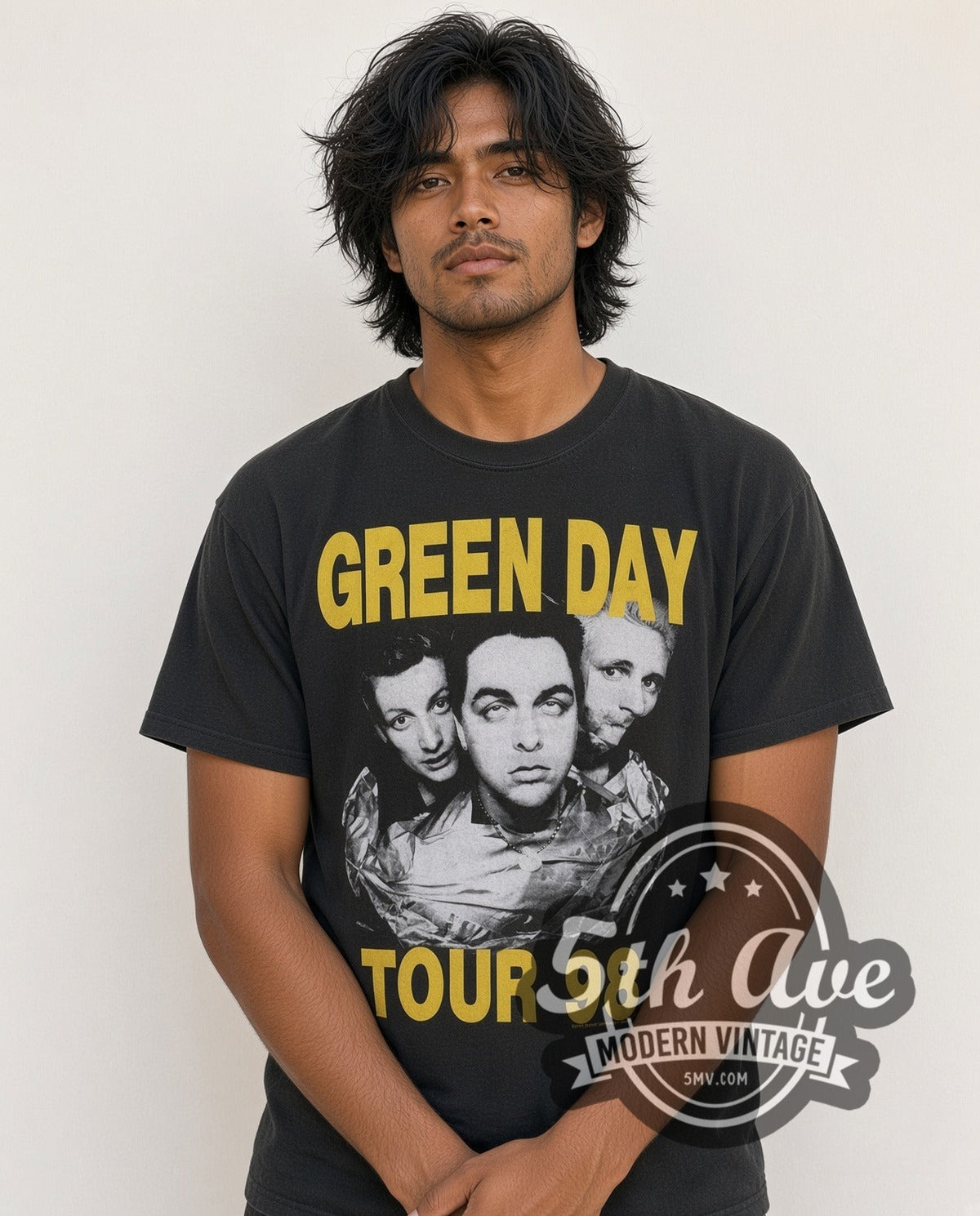 Model wearing the Green Day Tour 98 vintage band t-shirt in black