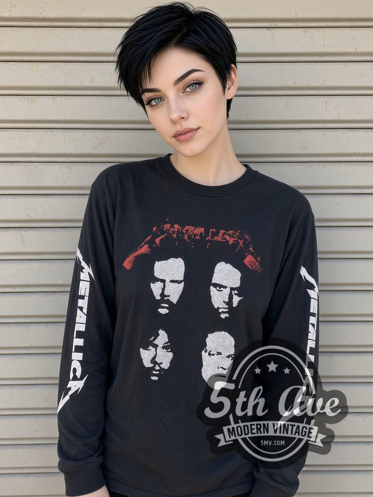 Model wearing the Metallica Four Faces vintage band long sleeve t-shirt