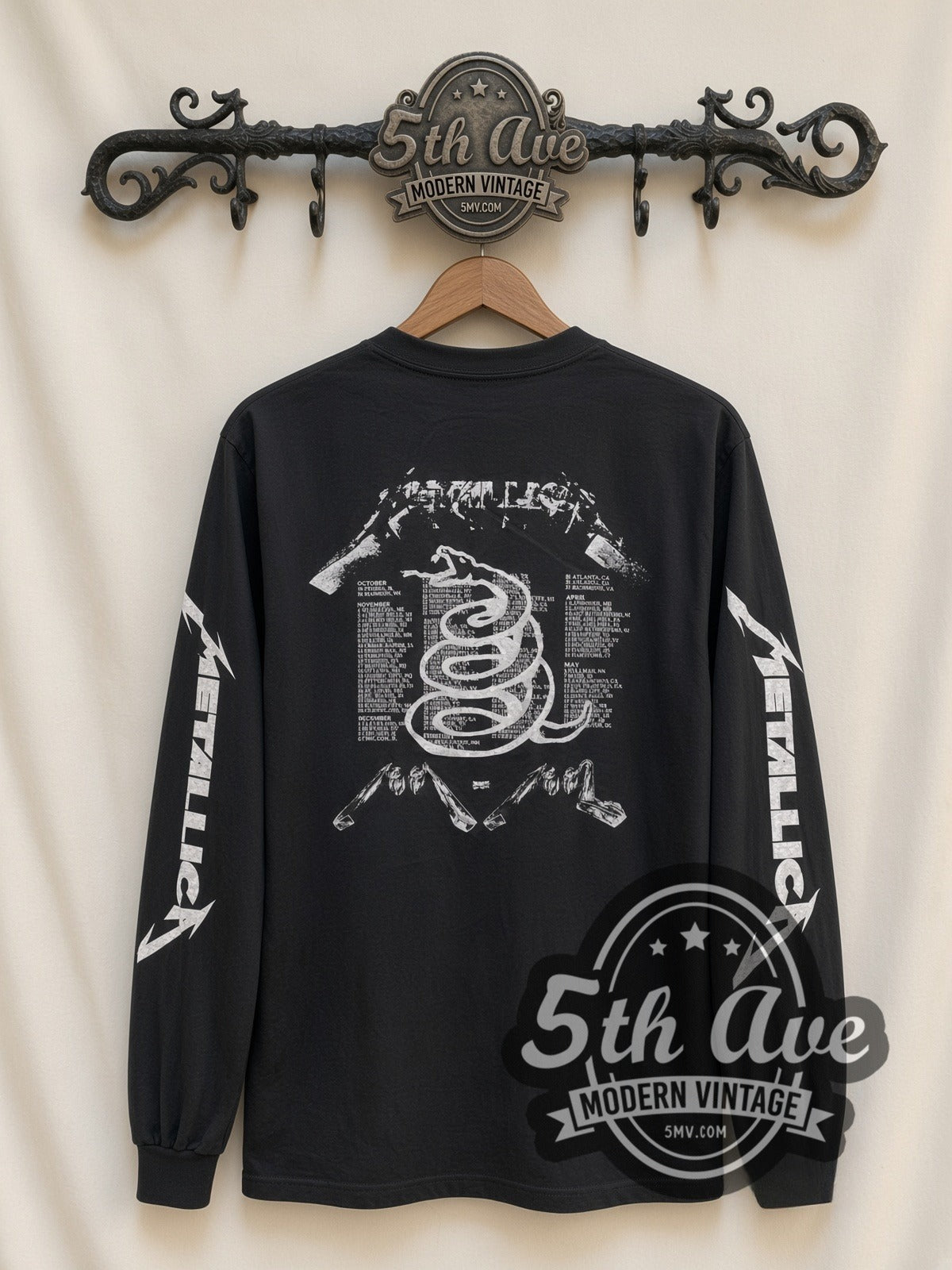 Metallica Four Faces vintage band long sleeve t-shirt, back view on a display rack