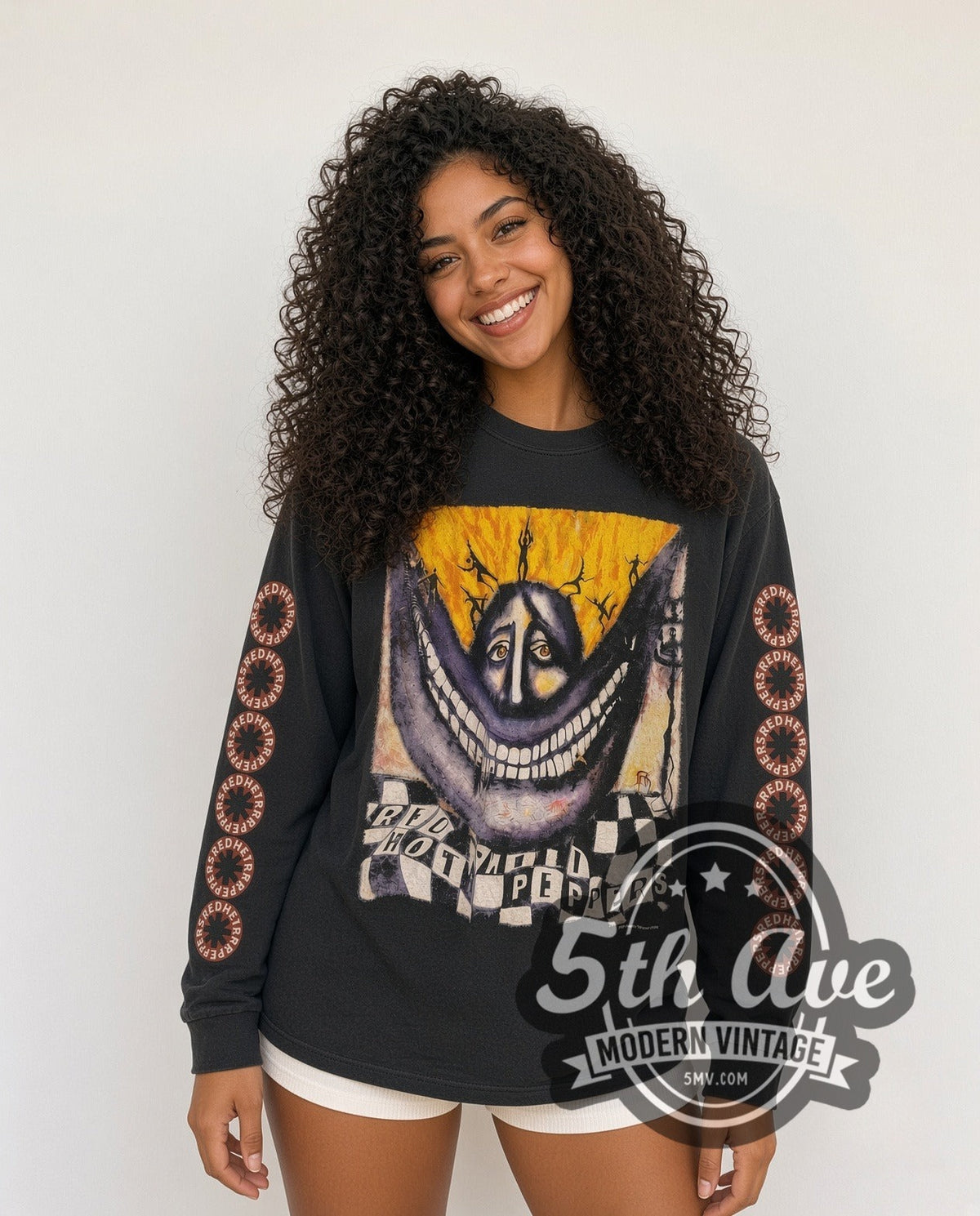 Model wearing the Red Hot Chili Peppers Purple Face Tour Long Sleeve vintage band t-shirt in black