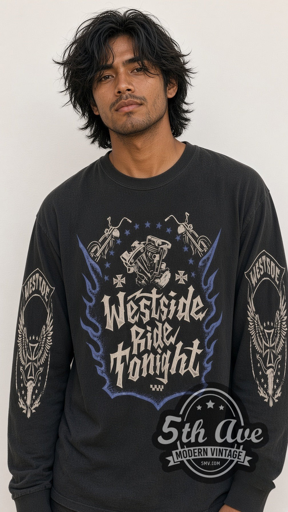 Model wearing the West Coast Choppers Westside Ride Tonight vintage graphic long sleeve t-shirt