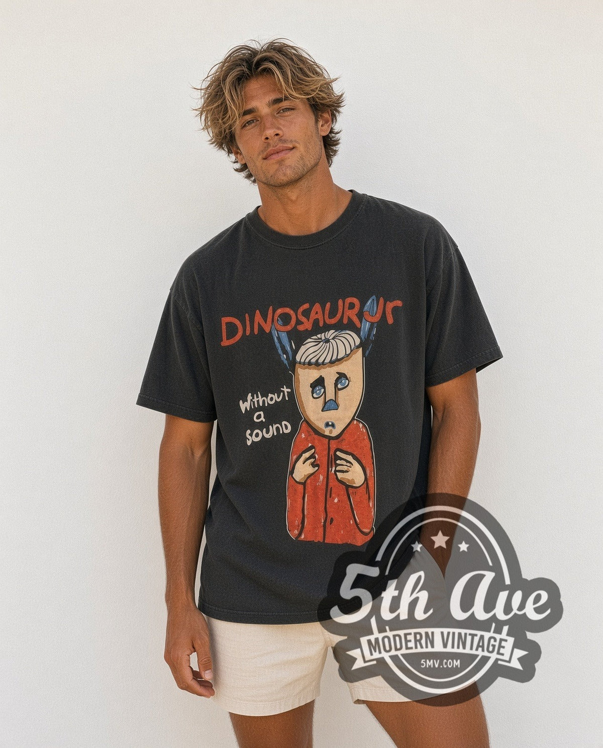 Model wearing the Dinosaur Jr. Without a Sound Yellow Back vintage band t-shirt in black