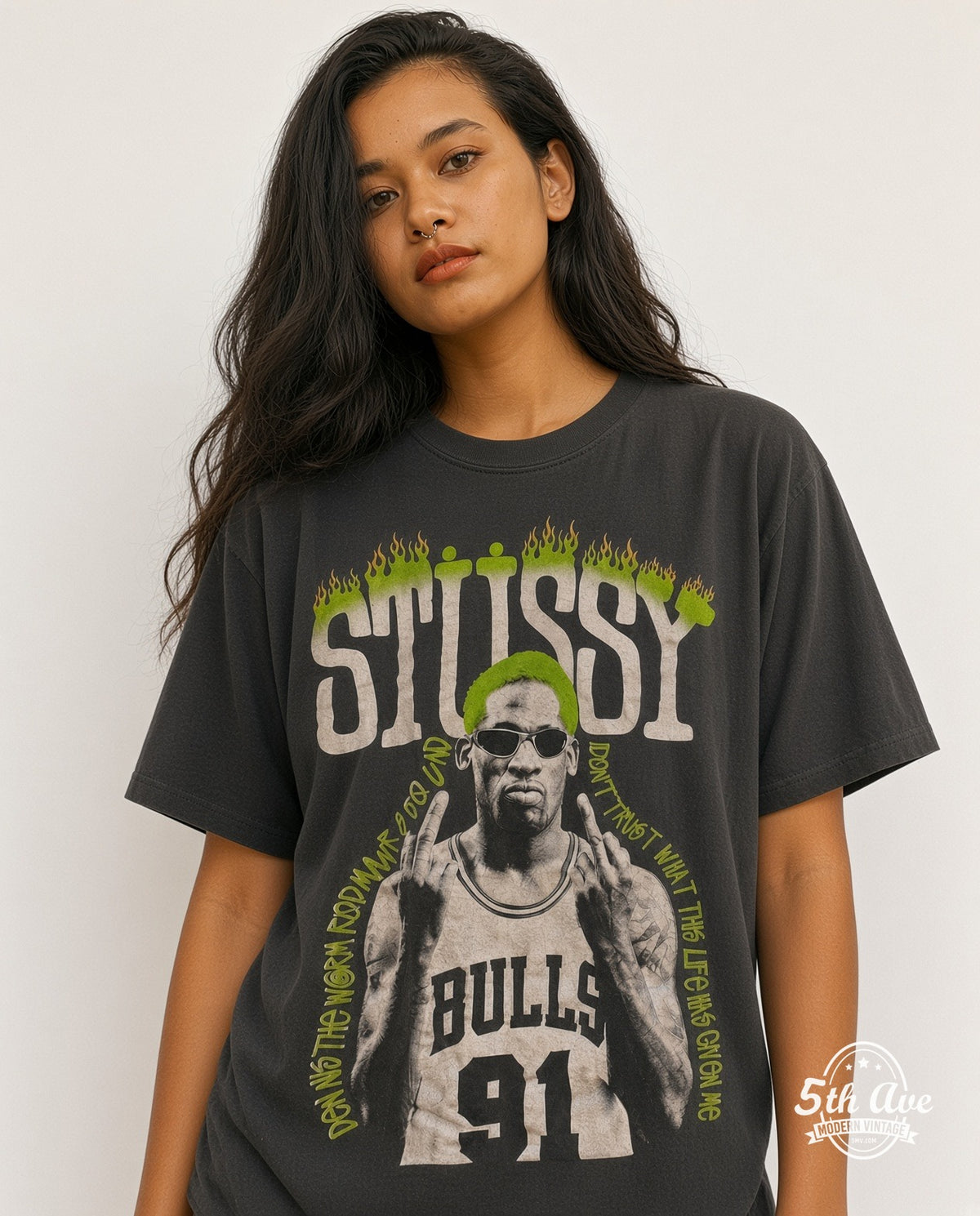 Model wearing the Dennis Rodman x Stüssy Neon Green The Worm vintage band t-shirt in black