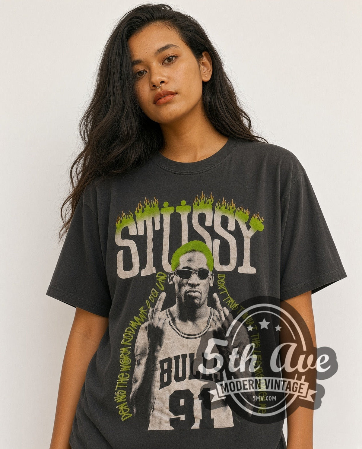 Model wearing the Dennis Rodman x Stussy Neon Green The Worm vintage basketball t-shirt