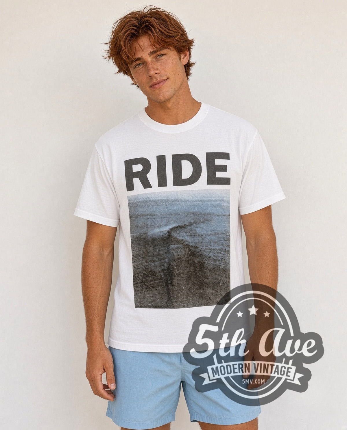 Model wearing the Ride Nowhere Wave Cover vintage band t-shirt in white