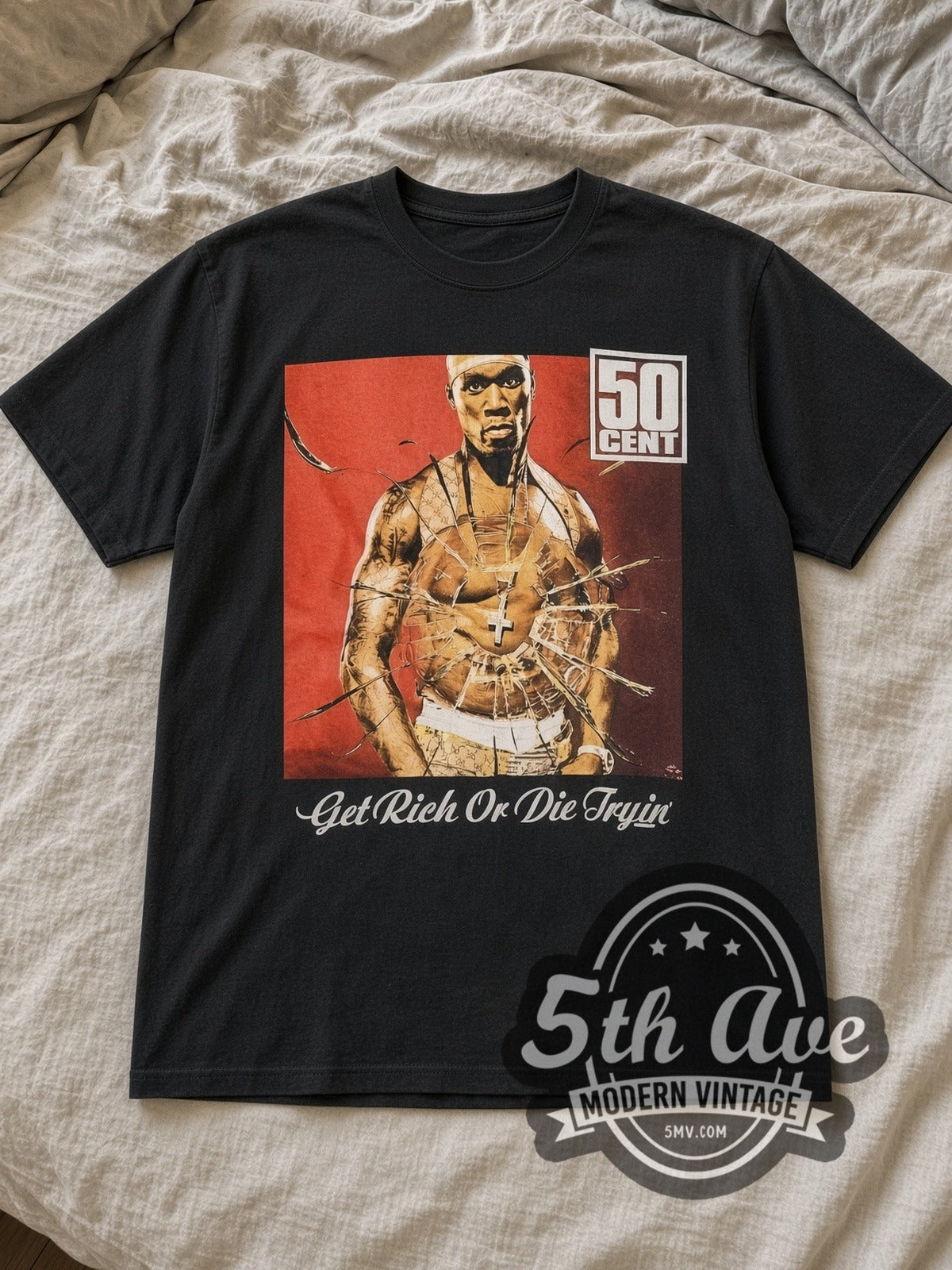 Black 50 Cent Get Rich or Die Tryin' The Final Lap Tour 2003 Vintage Rap Tee laid flat on a linen bed