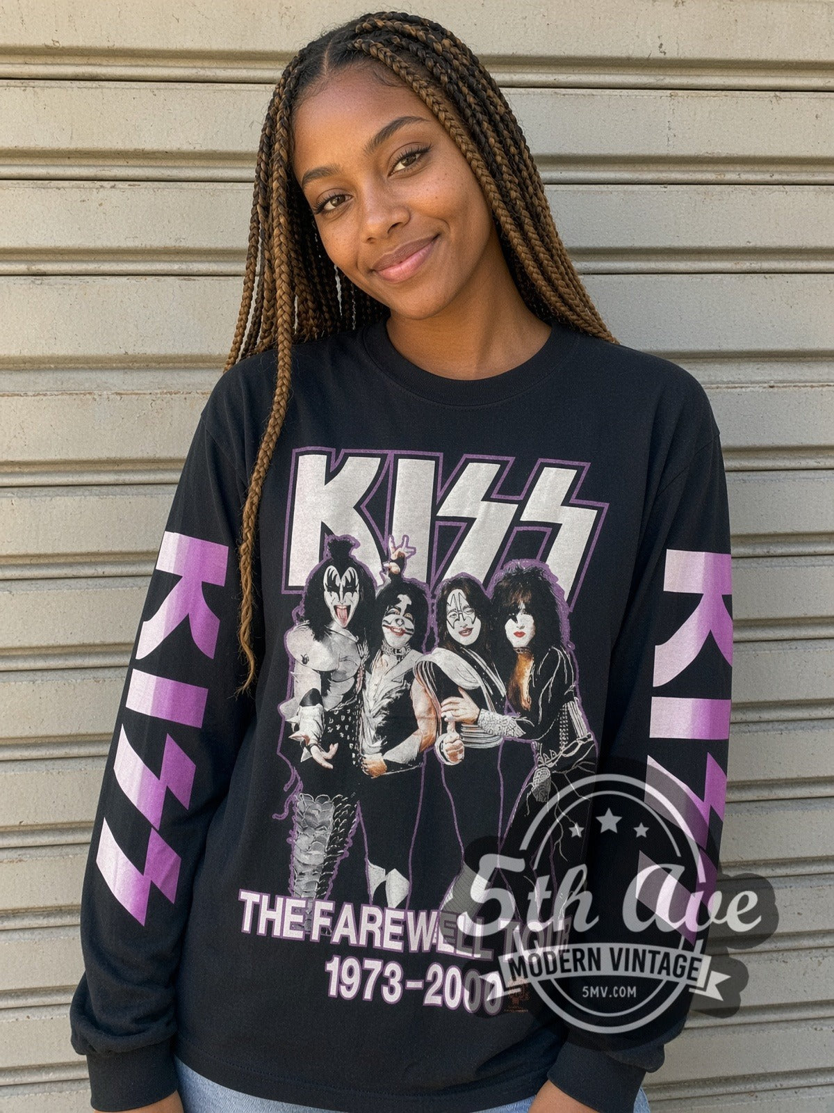 Model wearing the KISS Farewell Tour 1973-2000 vintage band long sleeve t-shirt