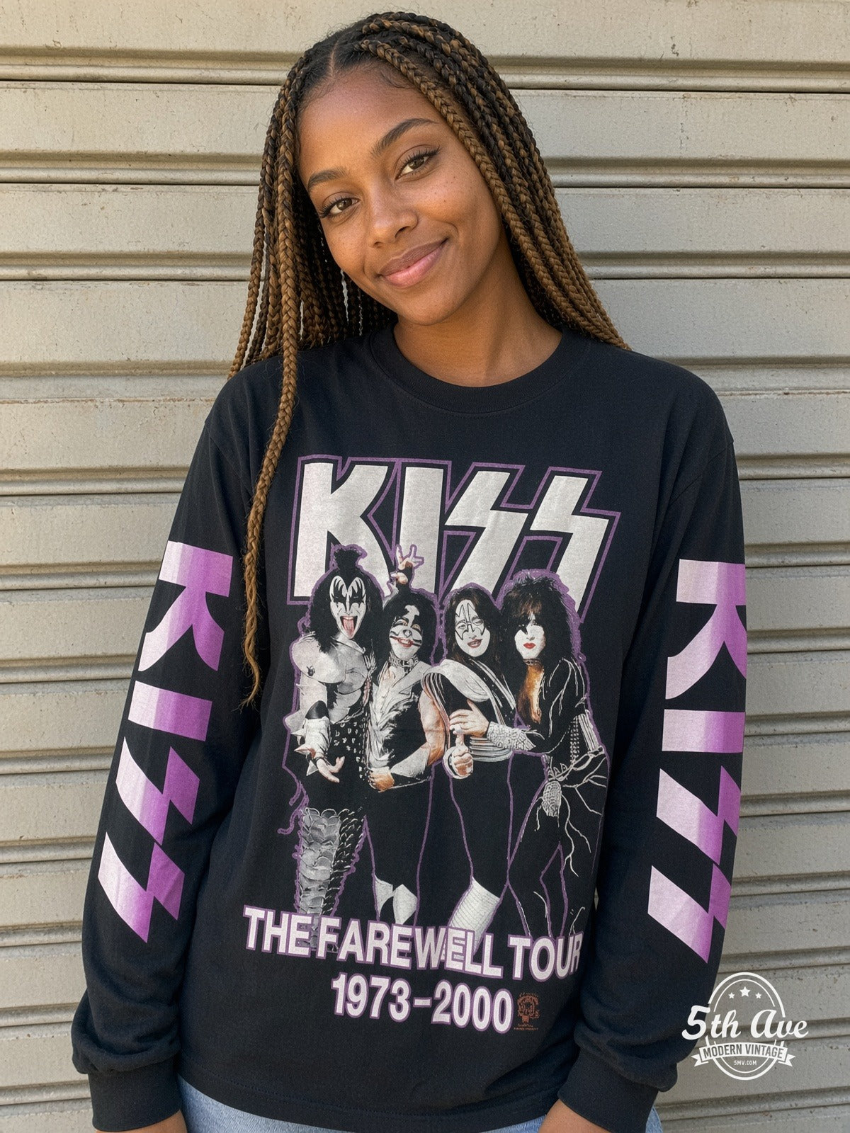 ETS LS 50 KISS Farewell Tour 1973-2000 long sleeve vintage tee worn by a model