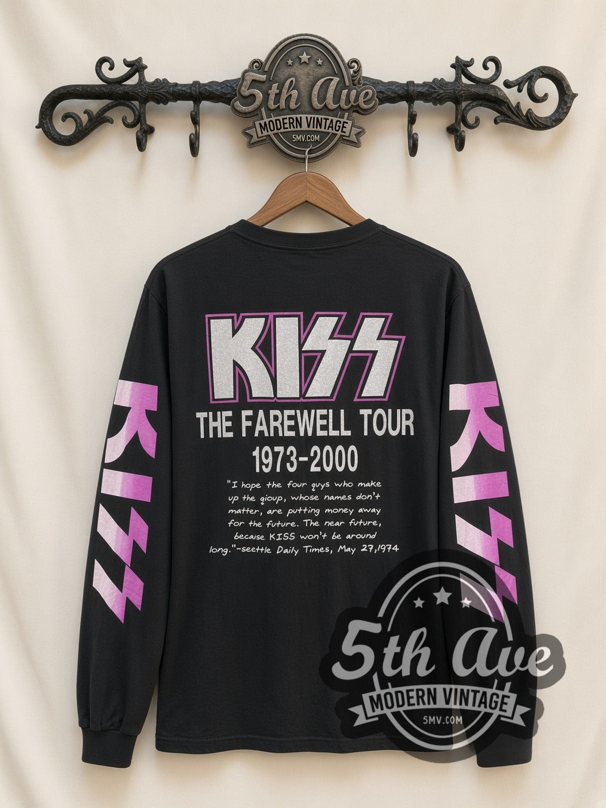 KISS Farewell Tour 1973-2000 vintage band long sleeve t-shirt, back view on a display rack