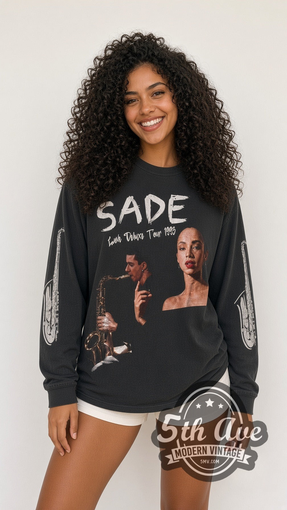 Model wearing the Sade Love Deluxe Tour 1993 Long Sleeve vintage band t-shirt in black