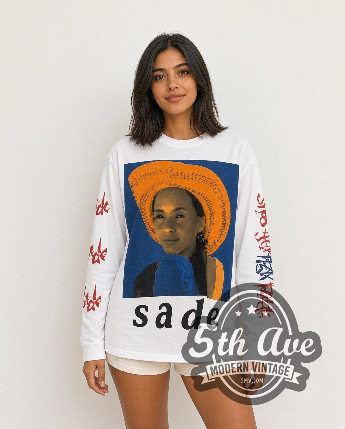 Model wearing the Sade Love Is Stronger Than Pride Long Sleeve vintage band t-shirt in white