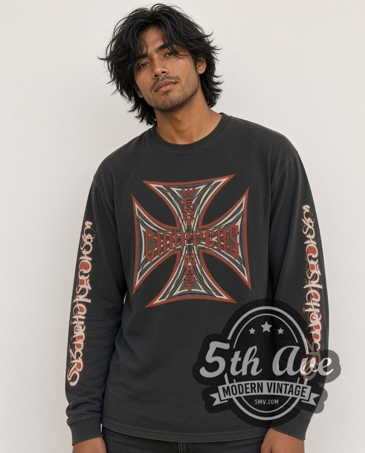 Model wearing the West Coast Choppers Iron Cross vintage biker long sleeve t-shirt