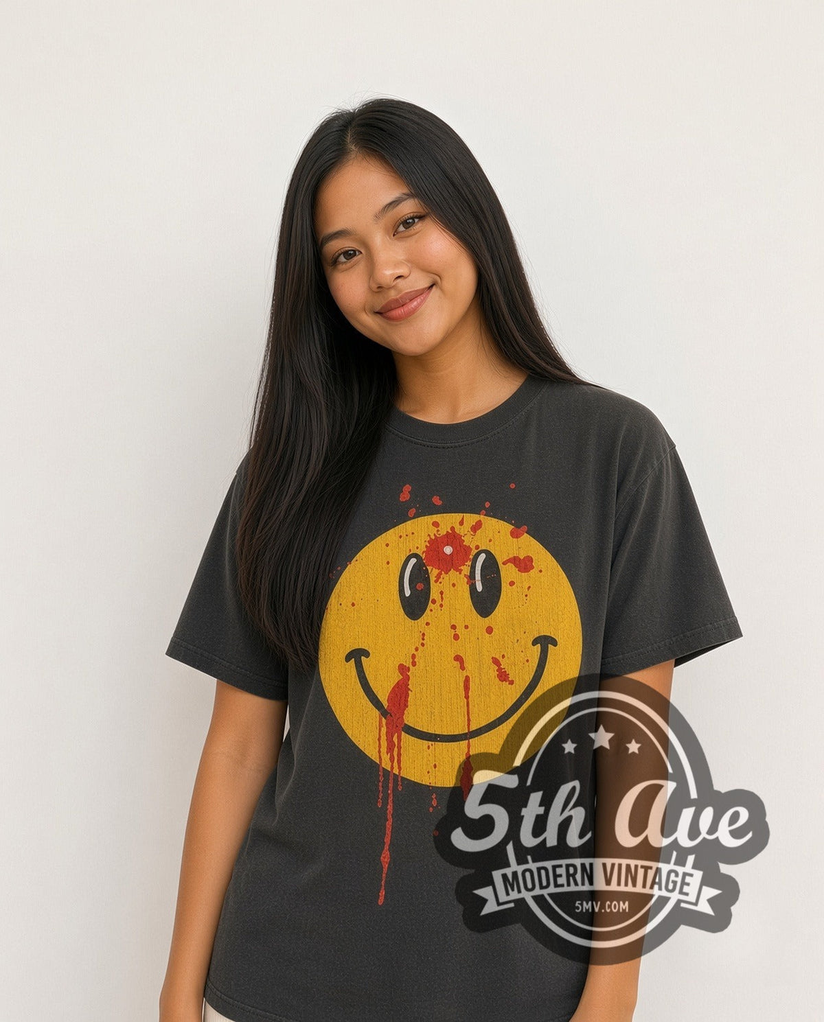 Model wearing the Smiley Face Bullet Hole vintage graphic t-shirt