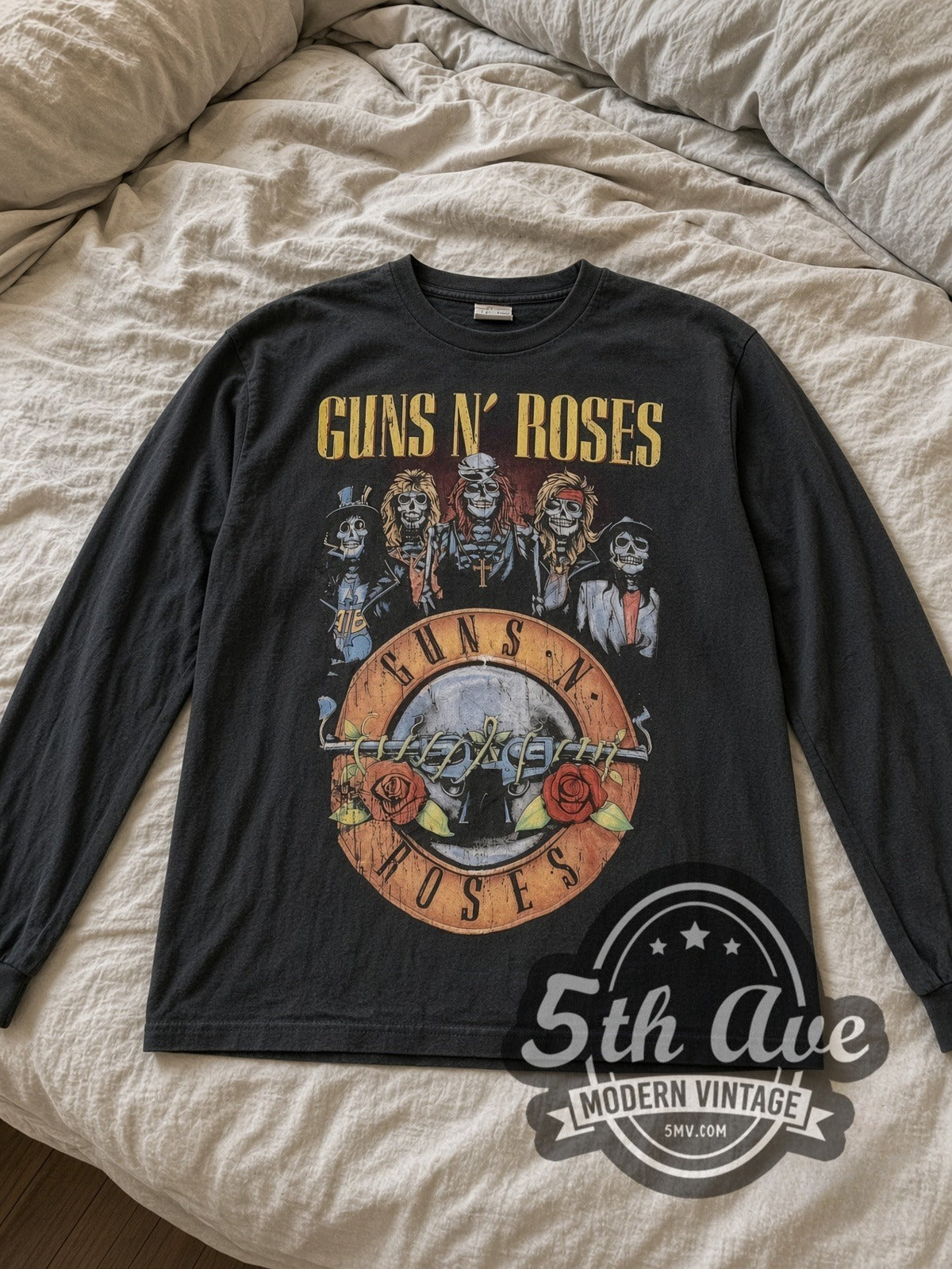 Guns N' Roses Skulls Bullet Logo vintage band long sleeve tee laid flat