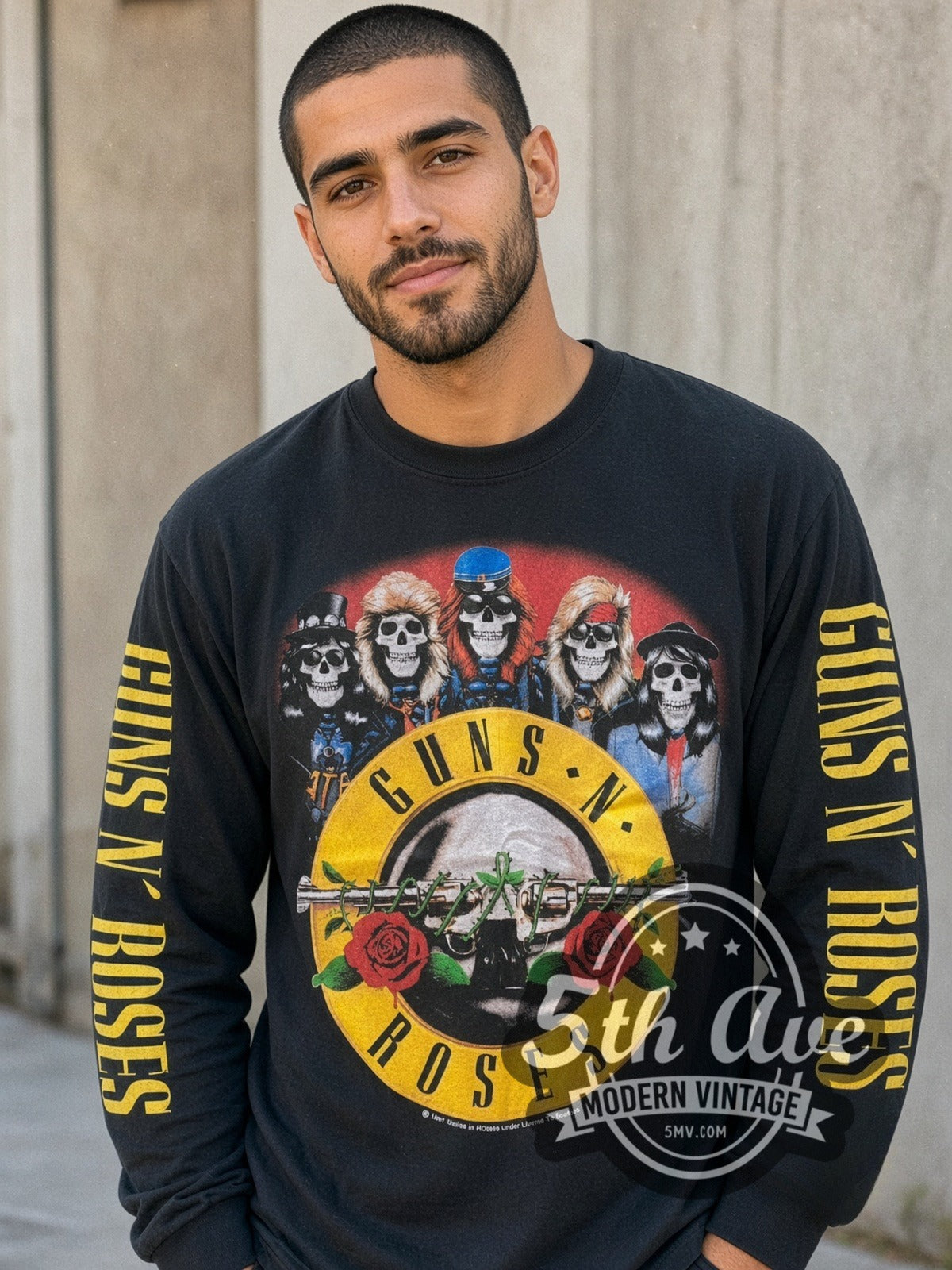 Model wearing the Guns N' Roses Skulls Bullet Logo vintage band long sleeve t-shirt