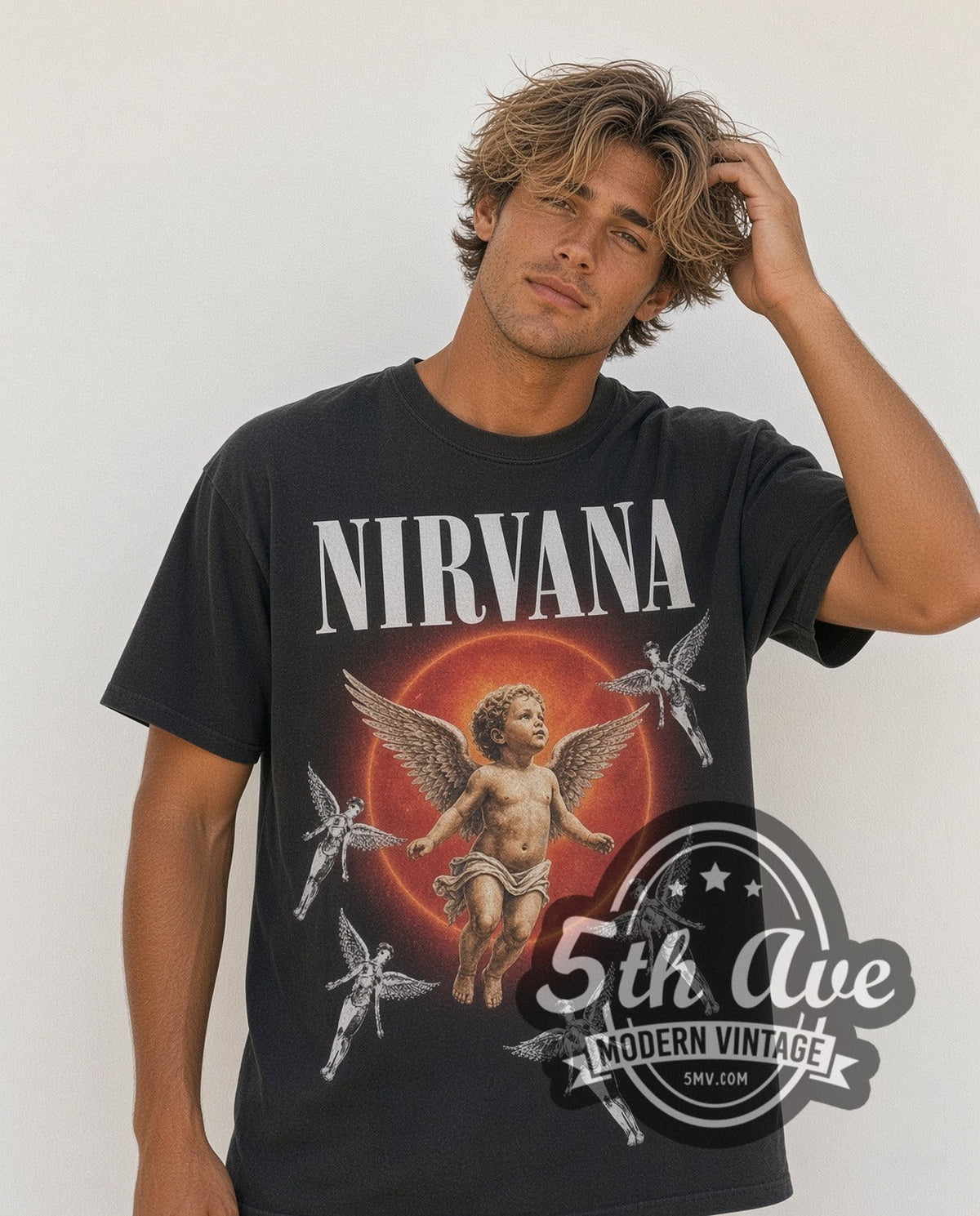 Model wearing the Nirvana Orange Moon vintage band t-shirt in black