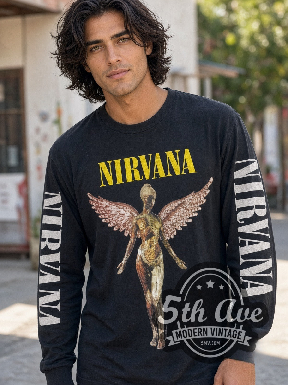 Model wearing the Nirvana In Utero Angel vintage band long sleeve t-shirt