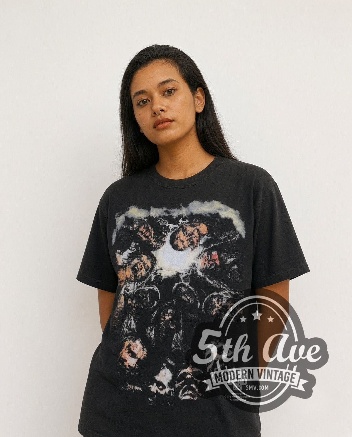 Model wearing The Walking Dead Walker Collage vintage movie t-shirt