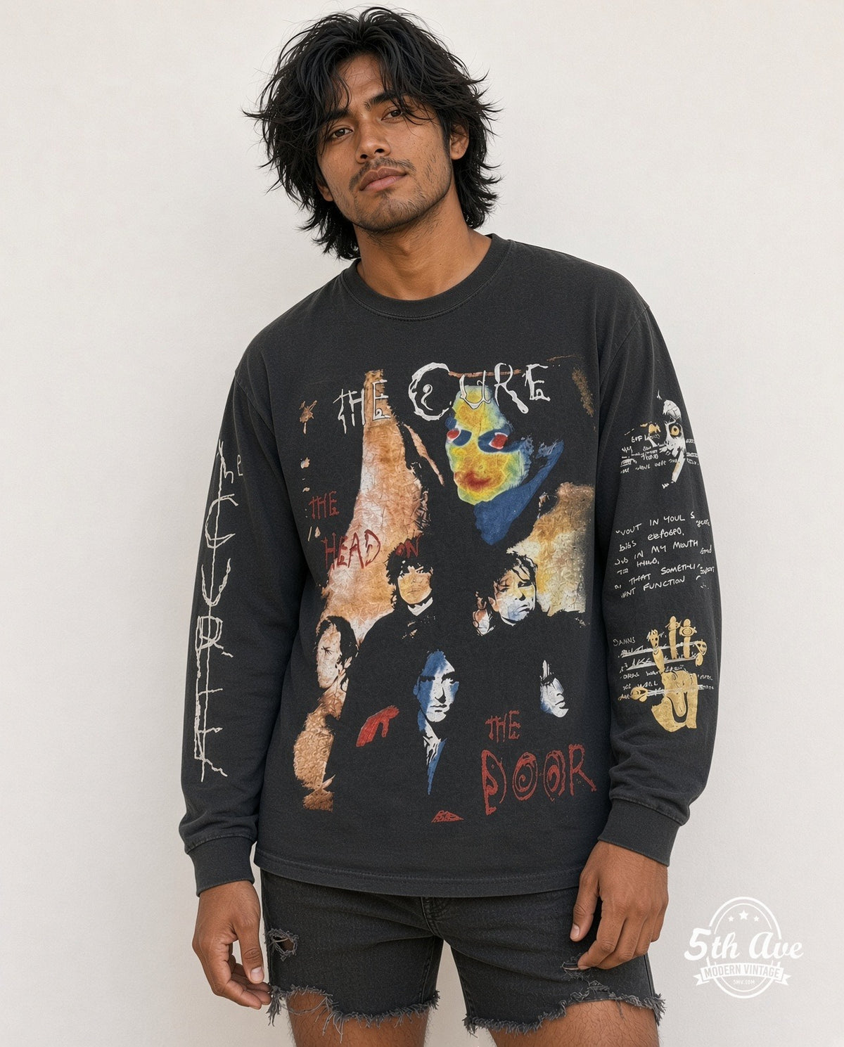 Model wearing The Cure The Head on the Door Long Sleeve vintage band t-shirt in black