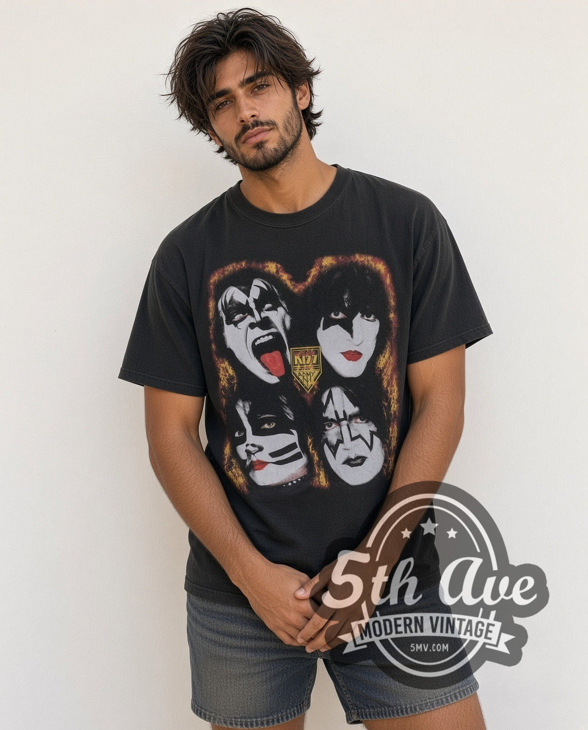 Model wearing the KISS Four Faces vintage band t-shirt