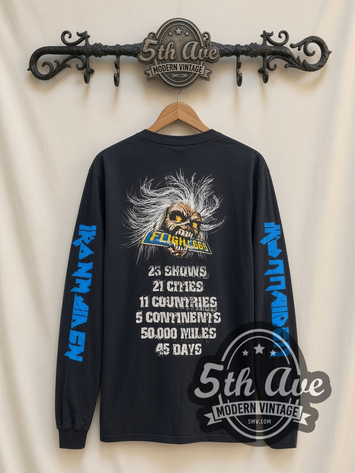 Iron Maiden Flight 666 vintage band long sleeve t-shirt, back view on a display rack