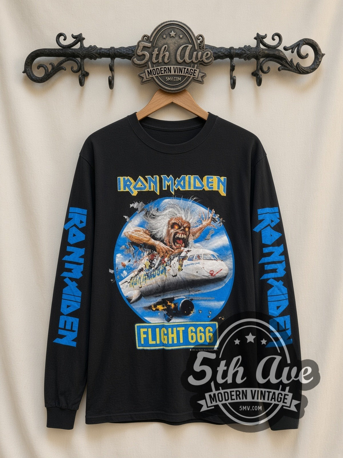 Iron Maiden Flight 666 vintage band long sleeve t-shirt, front view on a display rack