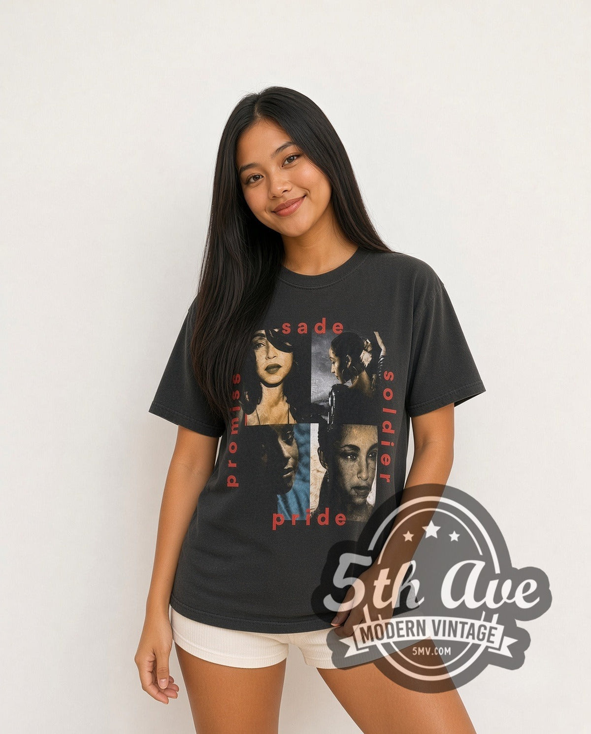Model wearing the Sade Promise vintage band t-shirt in black