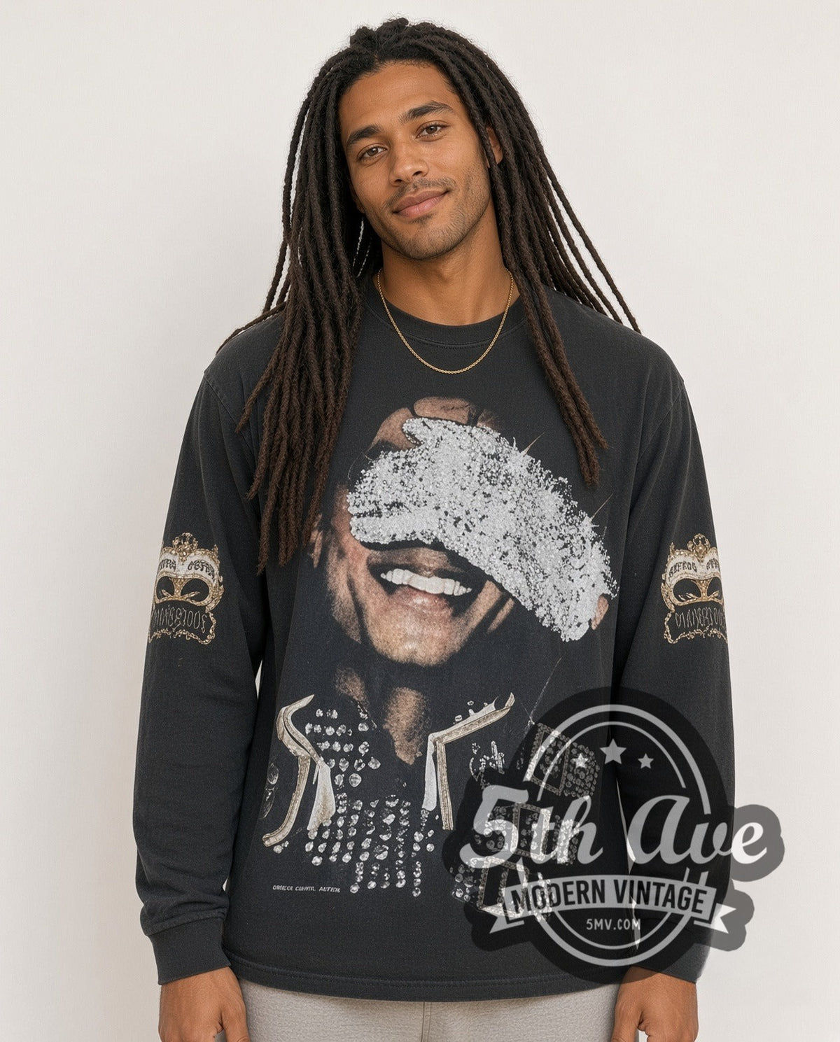 Model wearing the Michael Jackson King of Pop She Drives Me Wild long sleeve vintage band t-shirt in faded black