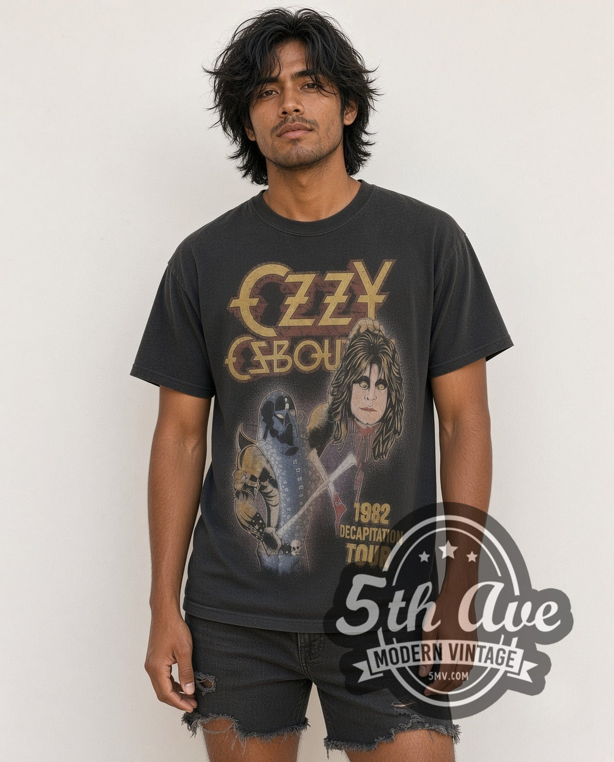 Model wearing the Ozzy Osbourne 1982 Decapitation Tour vintage band t-shirt