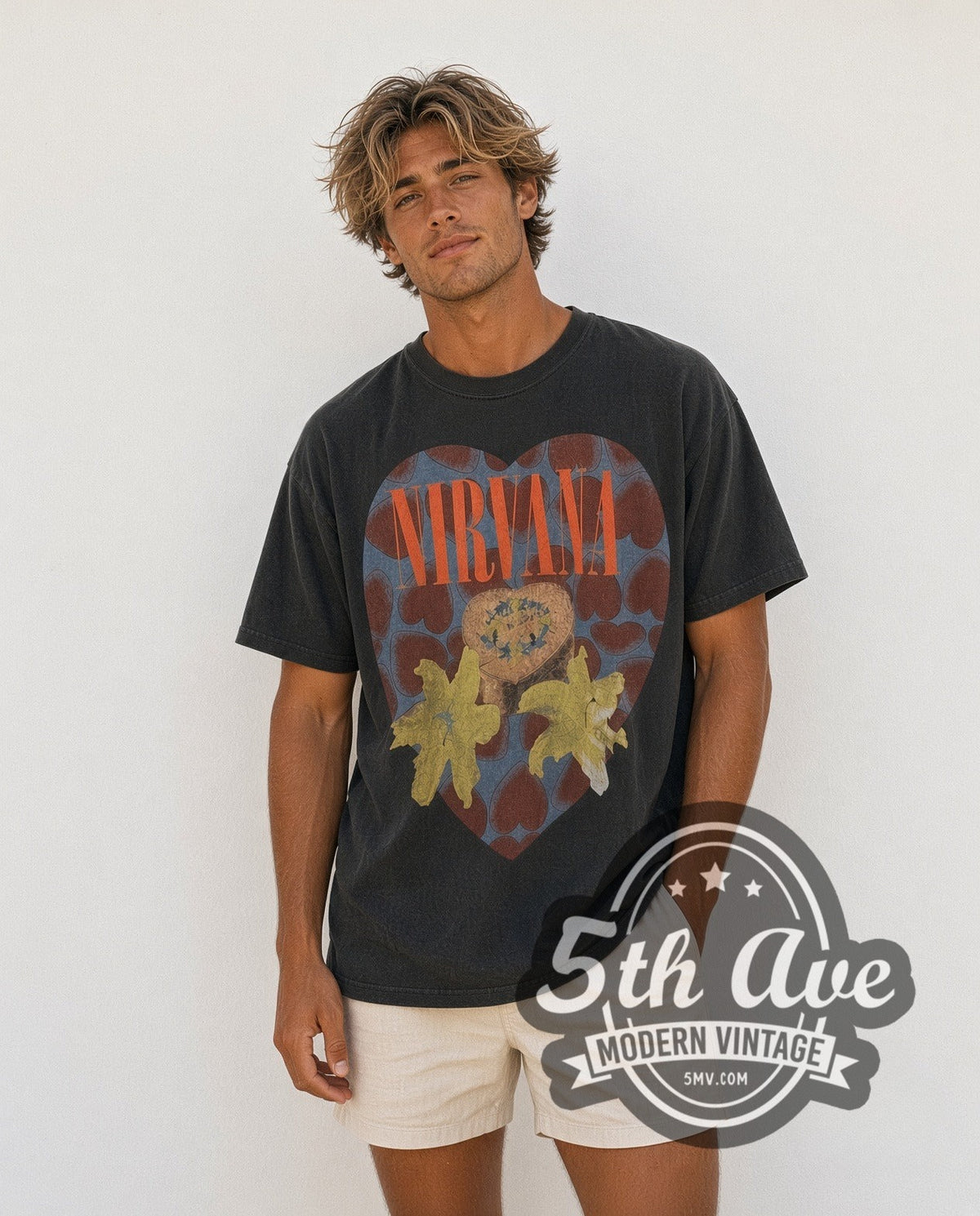 Model wearing the Nirvana Heart Shaped Box vintage band t-shirt
