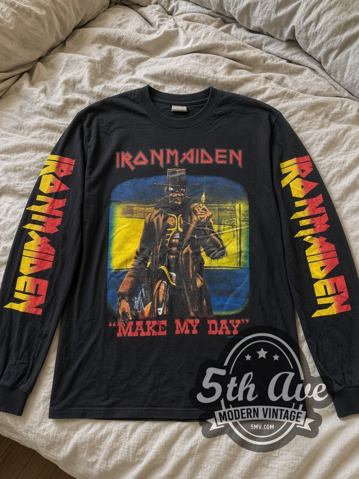 Iron Maiden Make My Day vintage band long sleeve tee laid flat