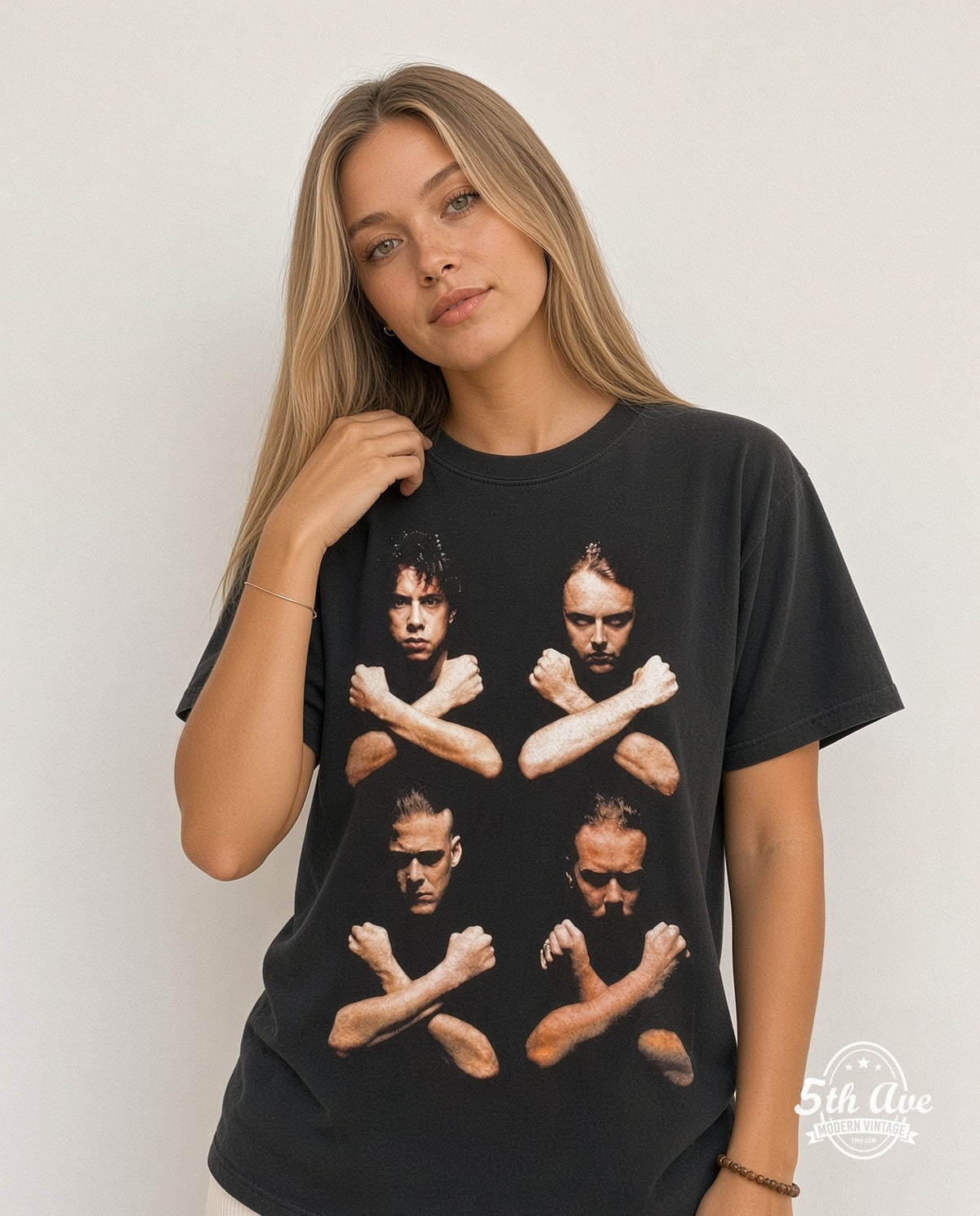 Model wearing Metallica Crossed Arms vintage band tee