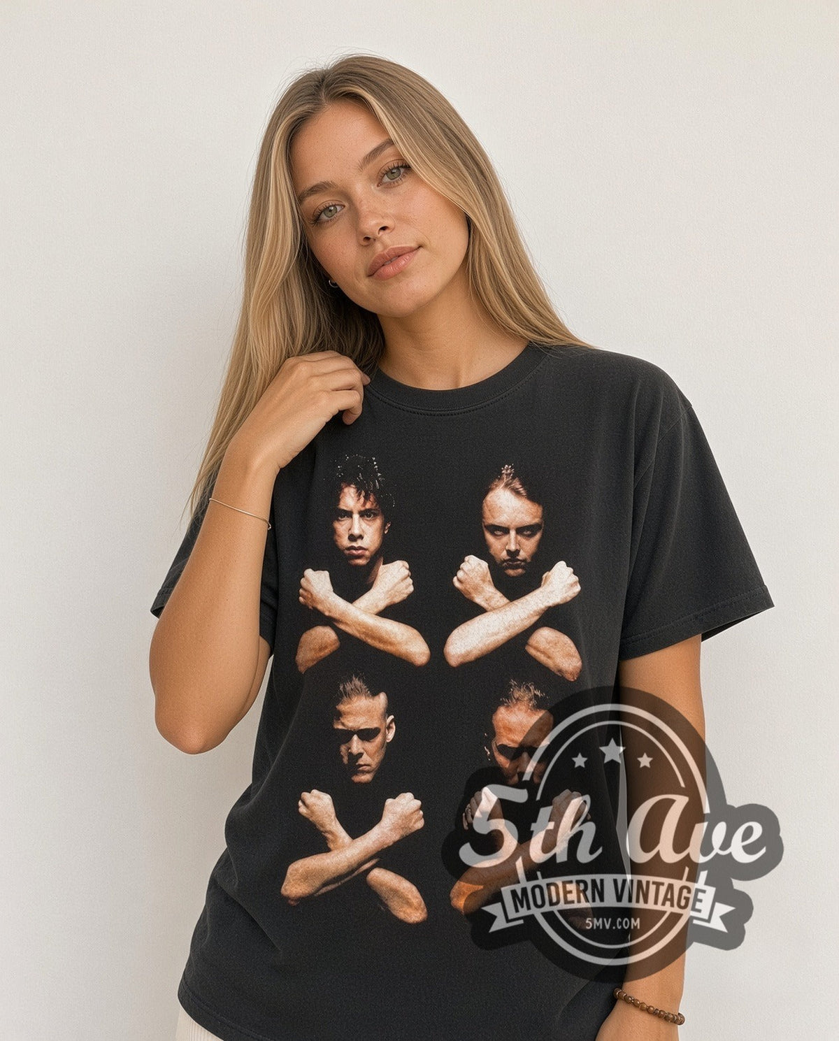 Model wearing Metallica Crossed Arms vintage band tee