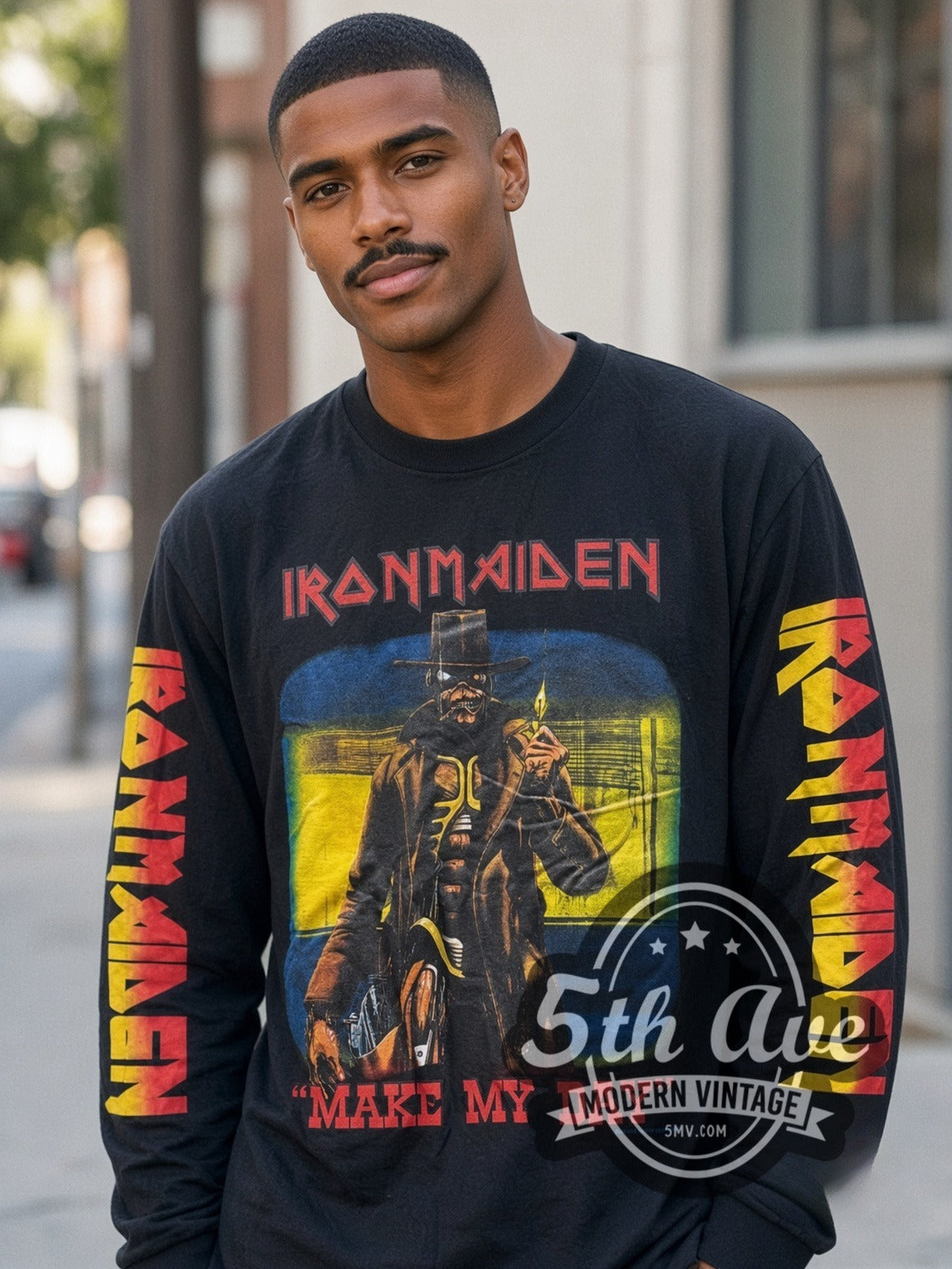 Model wearing the Iron Maiden Make My Day vintage band long sleeve t-shirt