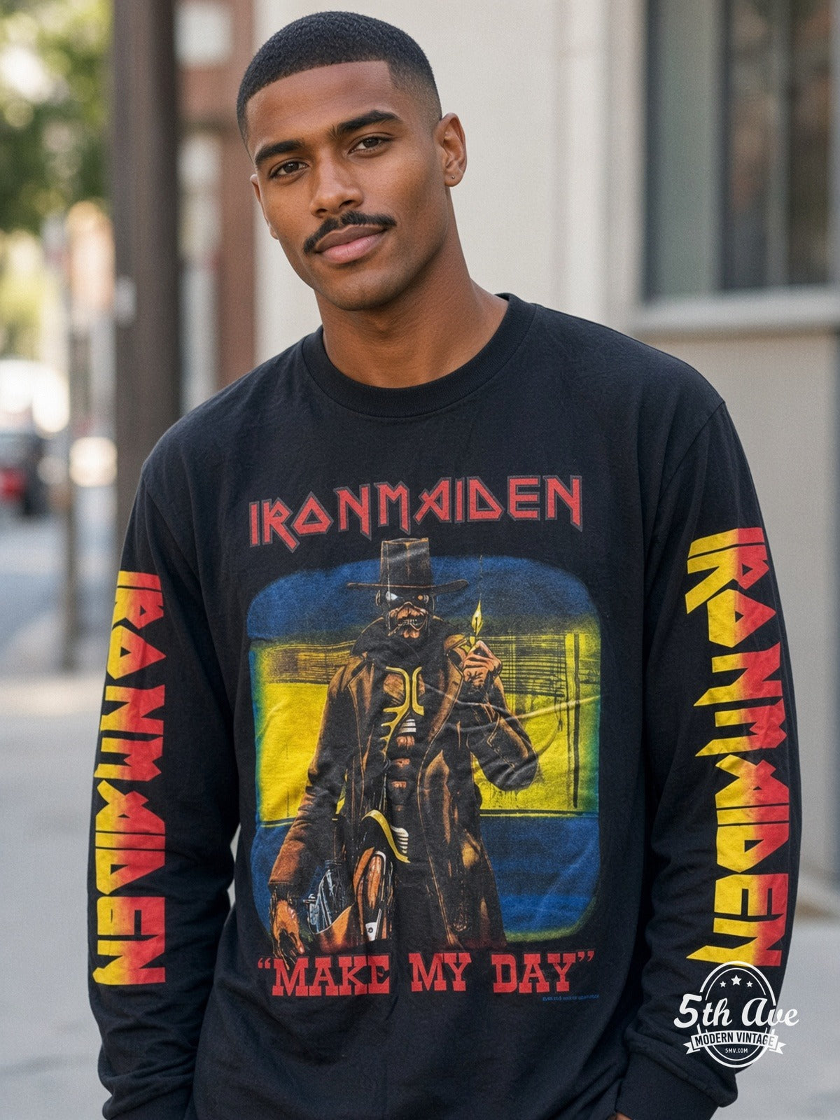 ETS LS 54 Iron Maiden Make My Day long sleeve vintage tee worn by a model