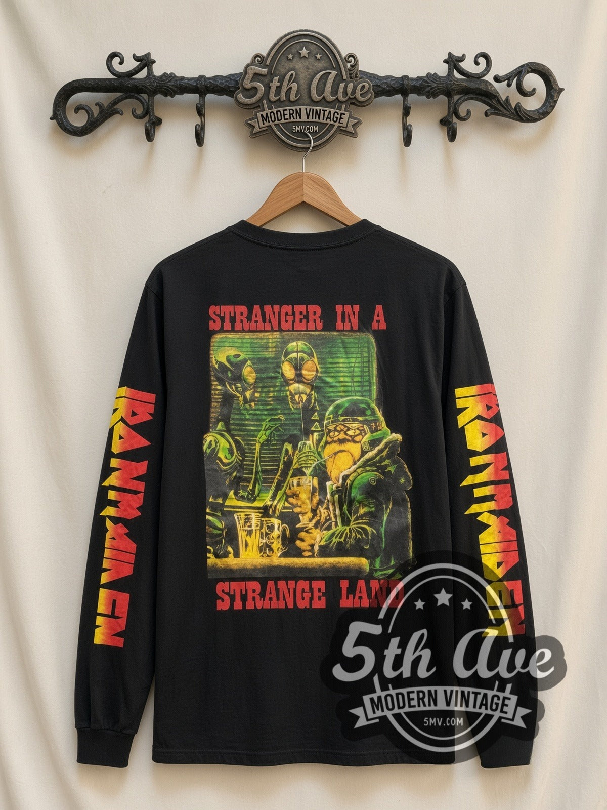 Iron Maiden Make My Day vintage band long sleeve t-shirt, back view on a display rack