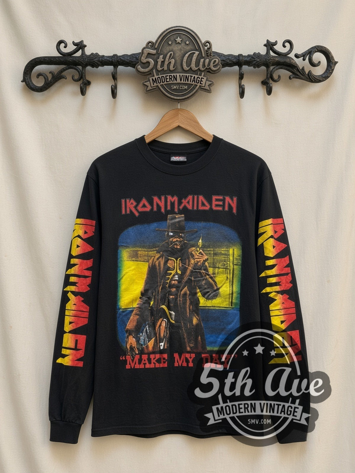 Iron Maiden Make My Day vintage band long sleeve t-shirt, front view on a display rack