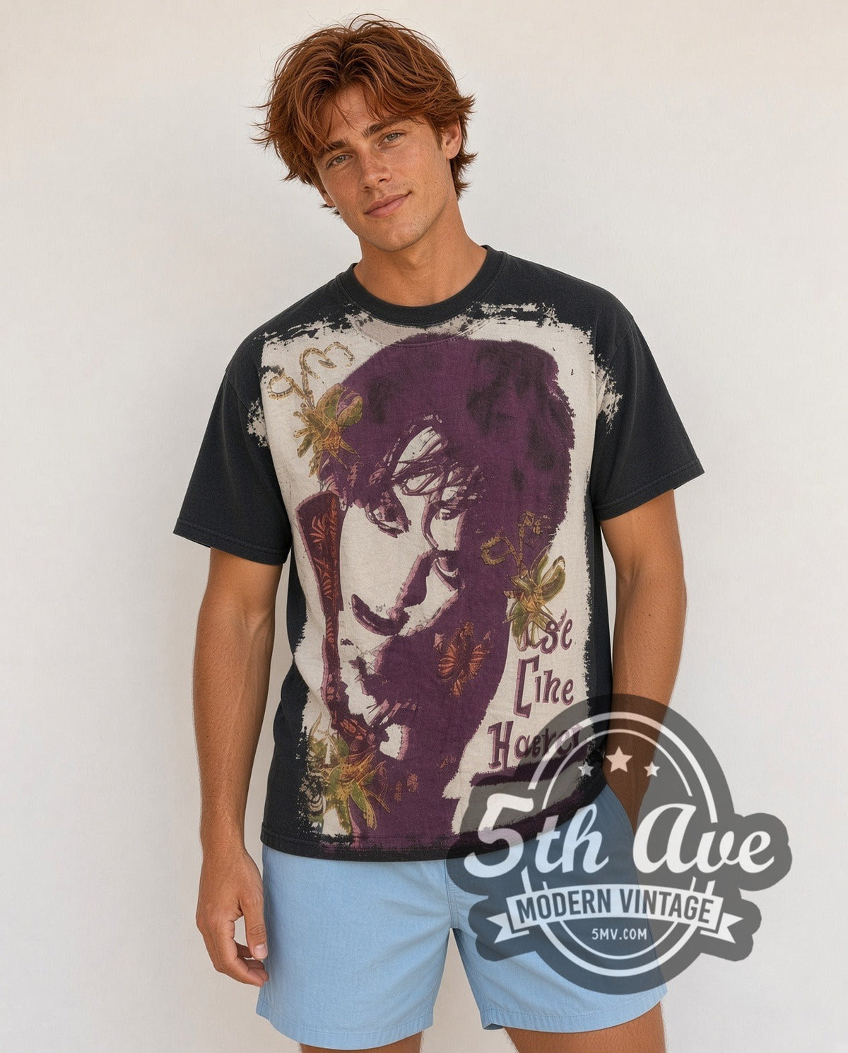 Model wearing The Cure all-over-print vintage band t-shirt