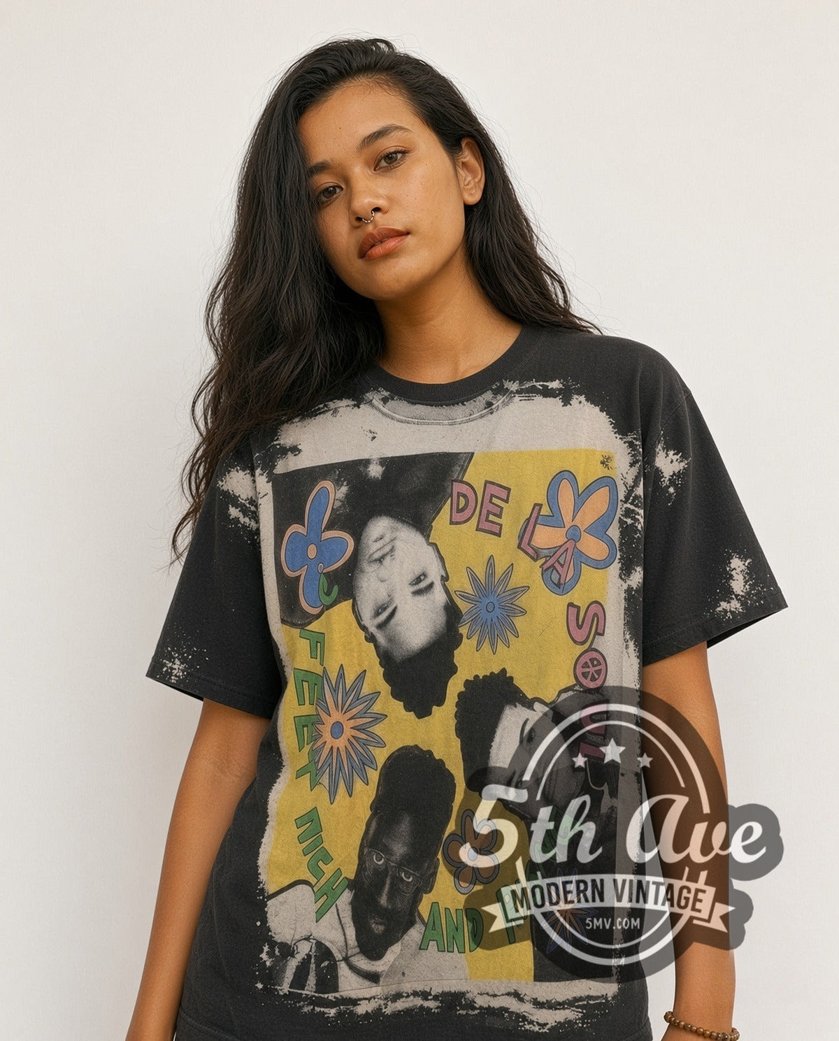 Model wearing the De La Soul all-over-print vintage rap tee
