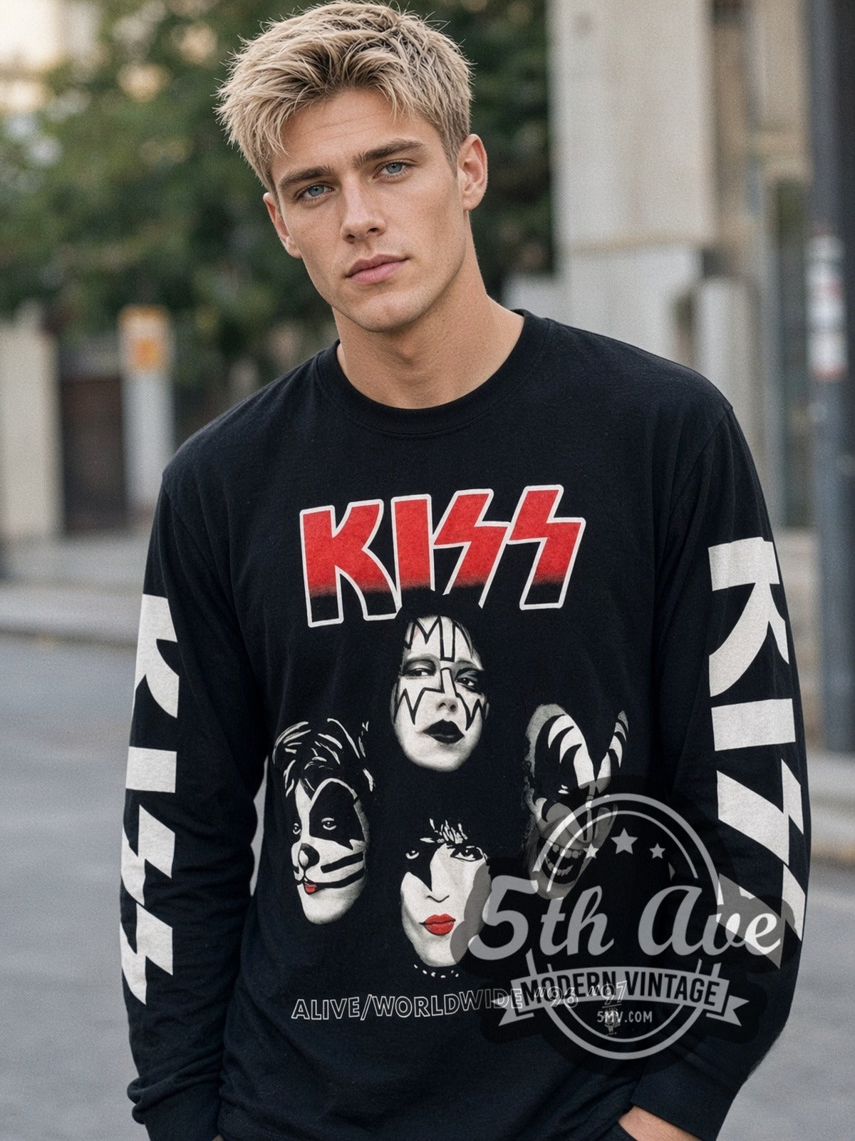 Model wearing the KISS Alive Worldwide 96-97 vintage band long sleeve t-shirt