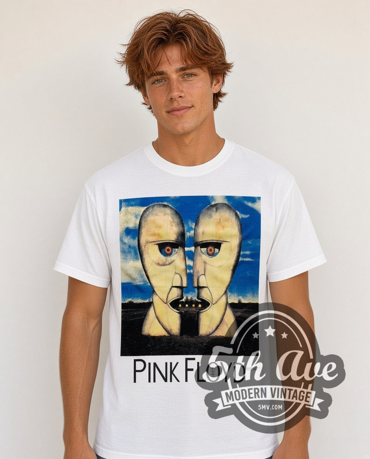 Model wearing the Pink Floyd Division Bell vintage band t-shirt in white