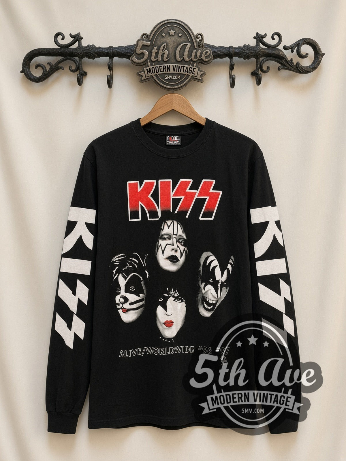 KISS Alive Worldwide 96-97 vintage band long sleeve t-shirt, front view on a display rack