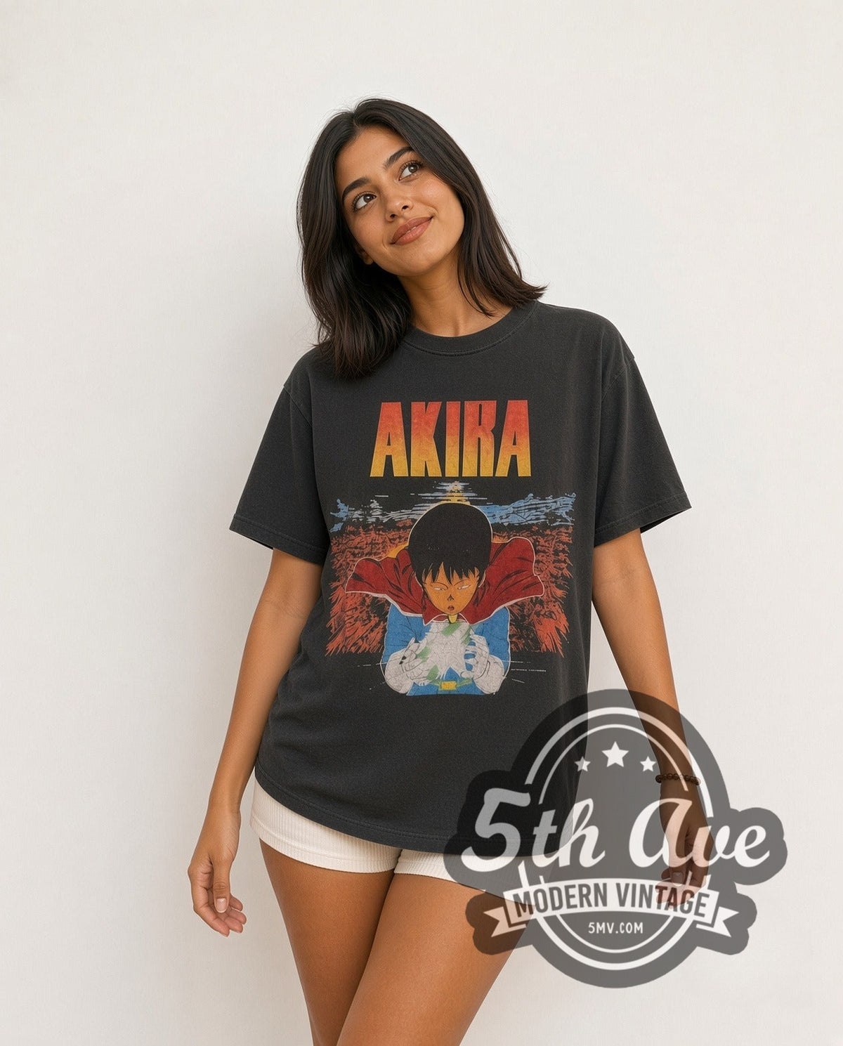 Model wearing the Akira Kaneda Glowing Energy Orb vintage anime t-shirt